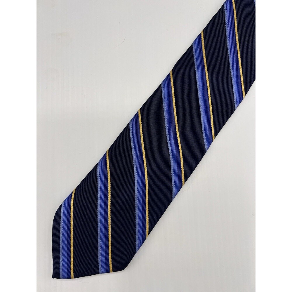 CHAPS Men’s 100% Silk Tie Navy Blue Gold Striped 59” Long 3” Wide